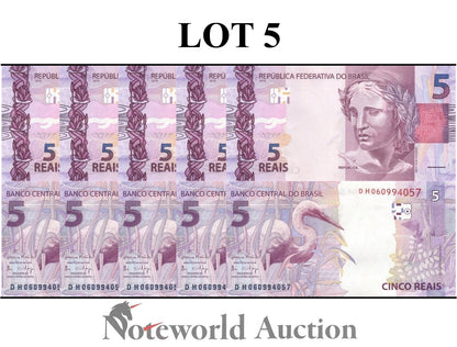 BRAZIL 5 Reais 2010 P 253 Random Sign Lot 5 pcs 1/20 Bundle UNC