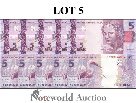 BRAZIL 5 Reais 2010 P 253 Random Sign Lot 5 pcs 1/20 Bundle UNC