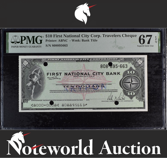 First National City Corp Travel Cheque 10 1969 UNC PMG 67 EPQ