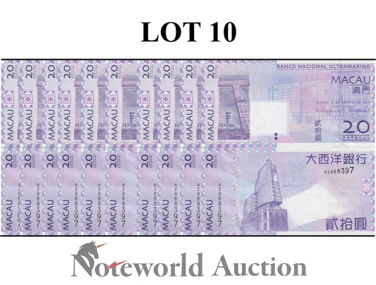 MACAU MACAO 20 Patacas 2010 P 81b BNU Lot 10 p 1/10 Bundle UNC