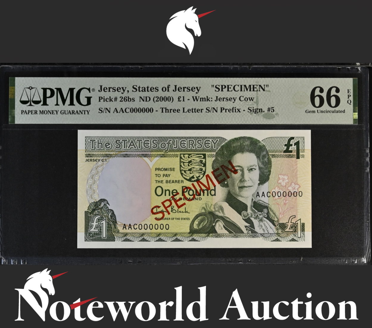 Jersey States of Jersey SPECIMEN £1 ND (2000) P 26bs UNC PMG 66 EPQ NR