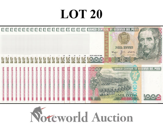 PERU 1000 lntis 1988 P 136b Lot 20 pcs 1/5 Bundle UNC