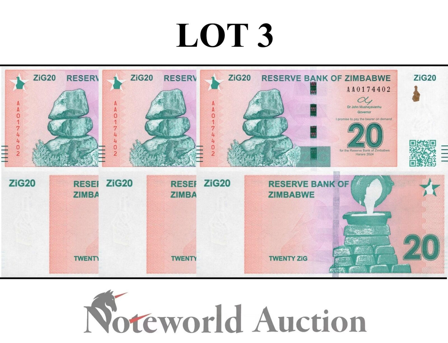 ZIMBABWE Lot 3 pcs - 20 Zig 2024 P 111 First Prefix AA UNC