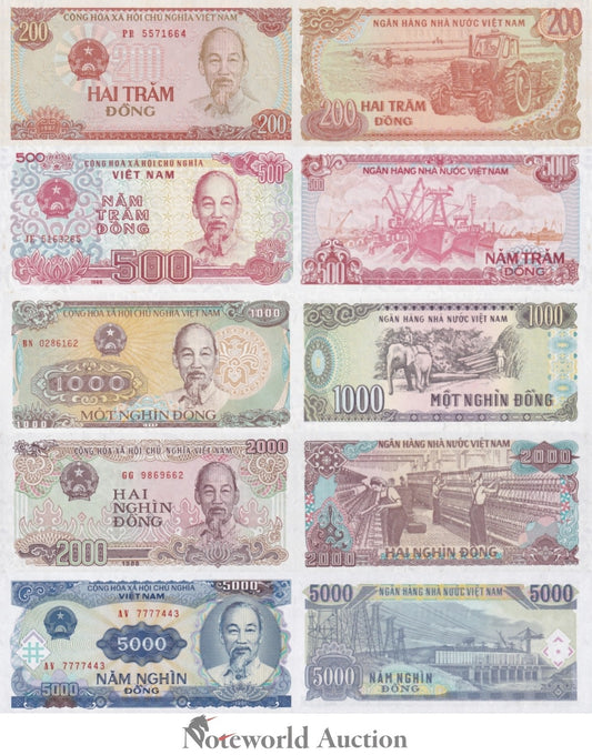 VIET NAM VIETNAM 200 500-5000 Dong 1987-91 P 100 101-108 Foxing Set 5 pcs UNC