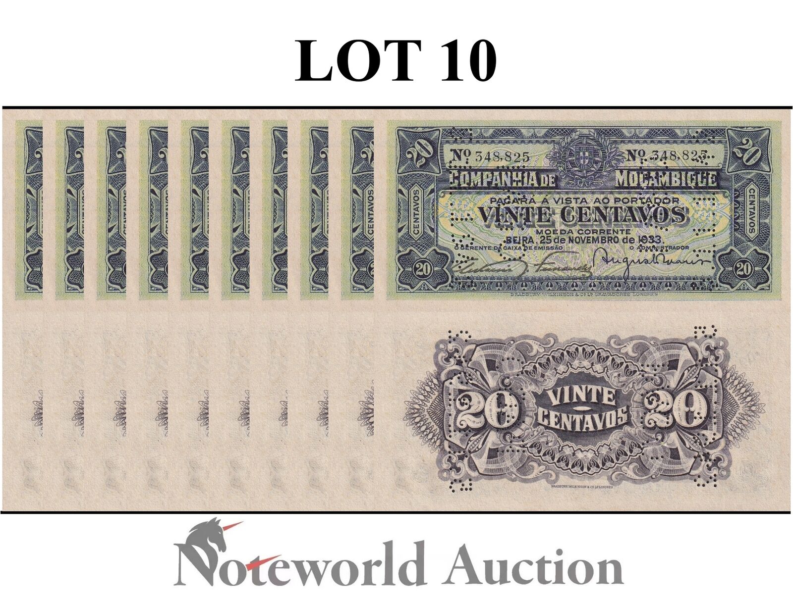 MOZAMBIQUE Lot 10 pcs 1/10 Bundle - 20 Centavos 1933 P R29 Minor Foxing UNC