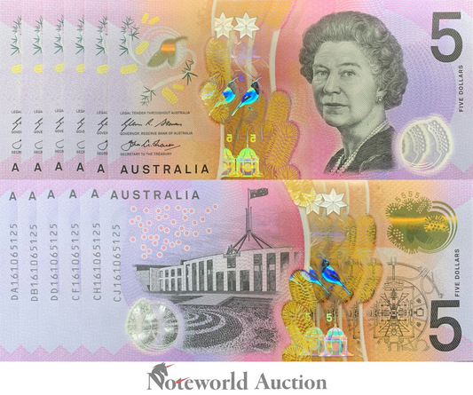 AUSTRALIA 5 Dollars 2016 P 62 Polymer Matching S/N Set 6 pcs UNC