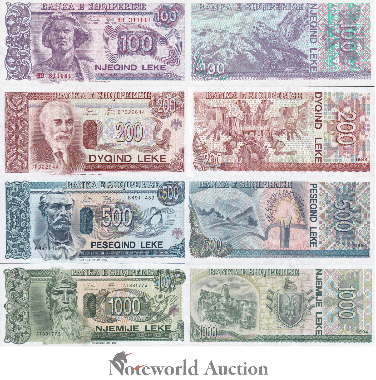 ALBANIA Set 4 pcs - 100 200 500 1000 Leke 1994 P 55b 56 57 58 UNC