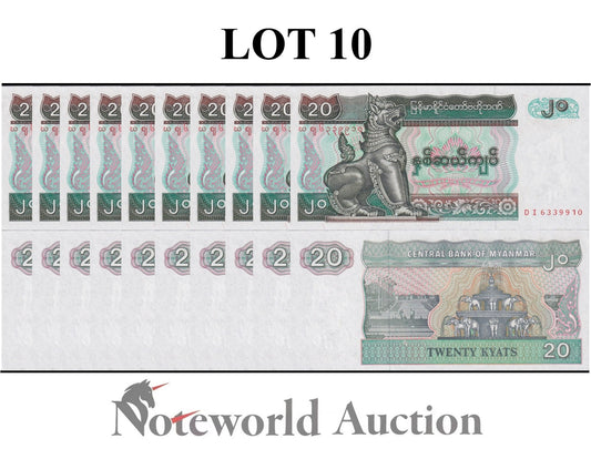 MYANMAR BURMA 20 Kyats 1994 P 72(1) Lot 10 pcs 1/10 Bundle  UNC