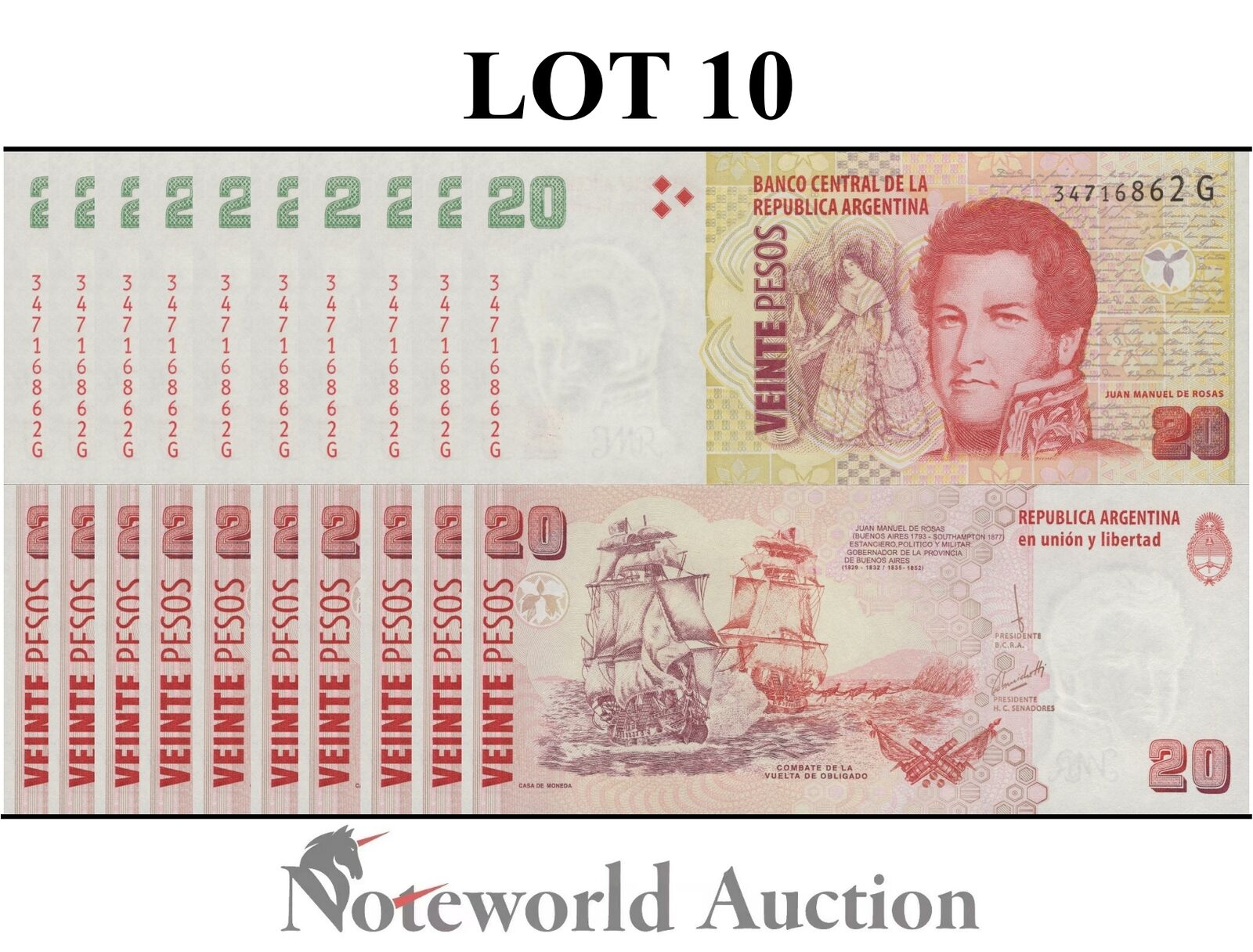 ARGENTINA Lot 10 pcs 1/10 Bundle - 20 Pesos ND 2003 P 355c UNC