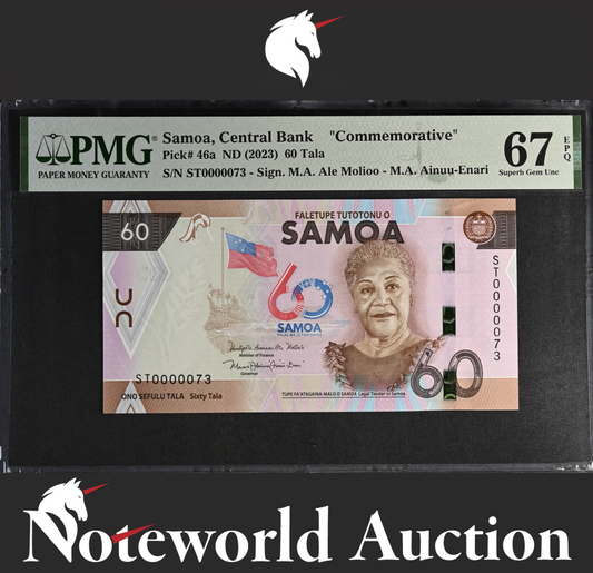 Samoa Commemorative 60 Tala ND 2023 P 46a LOW No. 73 UNC PMG 67 EPQ 3rd TOP POP
