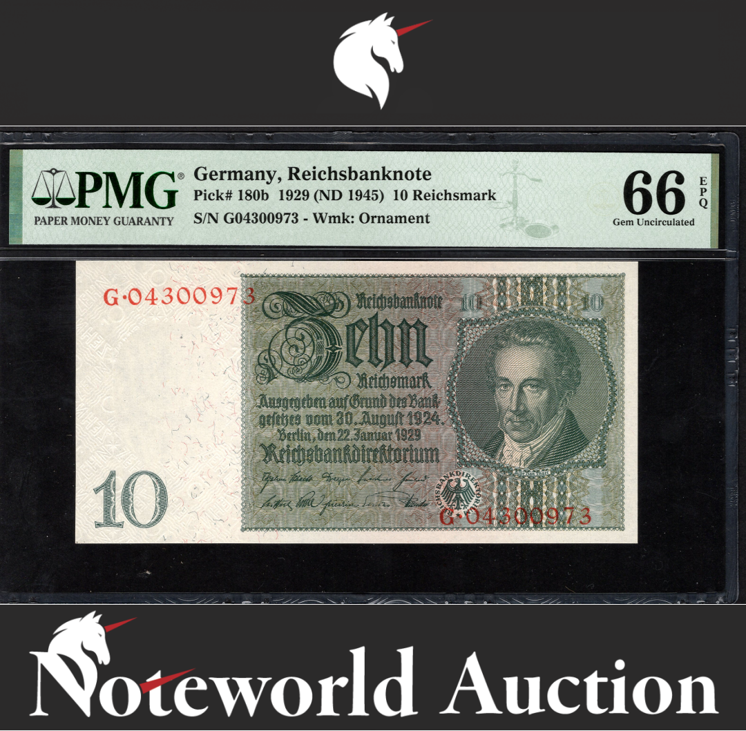 Germany Reichsbanknote 10 Reichsmark 1929 (ND 1945) P 180b UNC PMG 66 EPQ