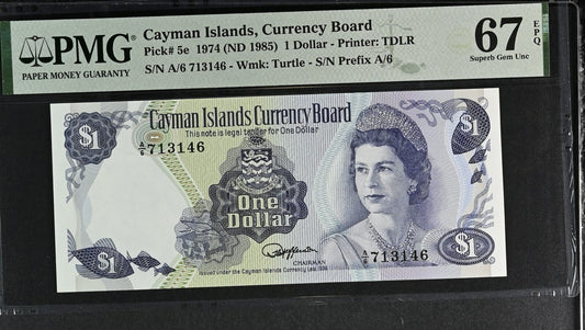 CAYMAN ISLANDS 1 Dollar (1974)1985 P 5e Prefix A/6 UNC PMG 67 EPQ