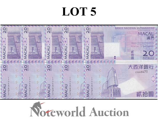 MACAU MACAO 20 Patacas 2013 P 81c BNU Replacement ZY Lot 5 pcs 1/20 Bundle UNC