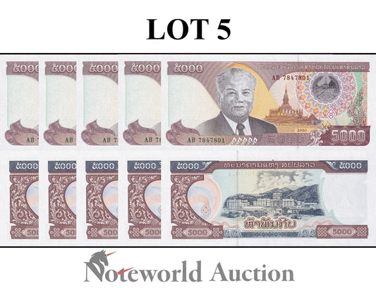 LAOS Lot 5 pcs 1/20 Bundle - 5000 Kip 2020/2022 P 41A New Design UNC