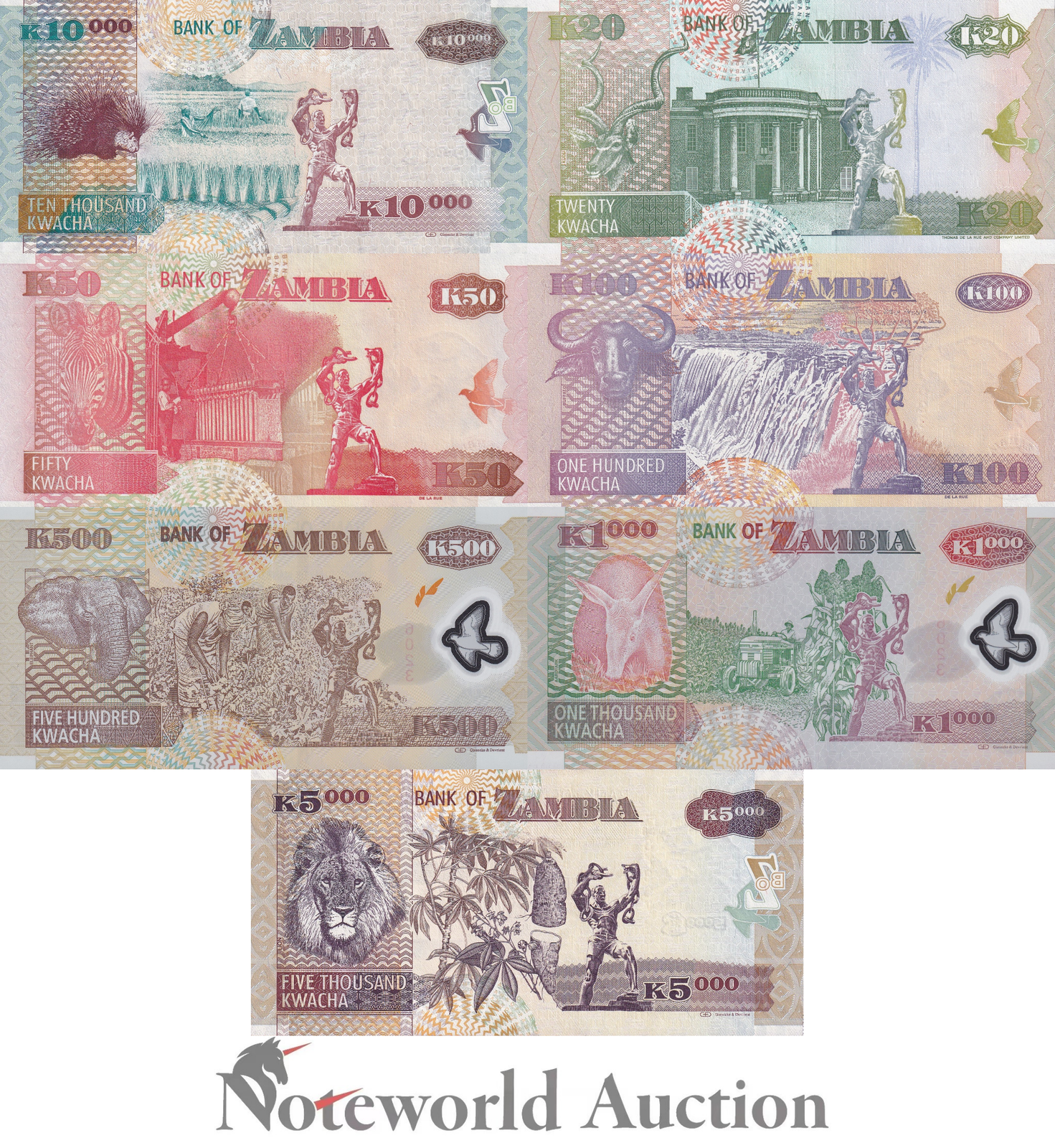 ZAMBIA Set 7 pcs - 20 50 100 500-10000 Kwacha 1992-2011 P 36 37 38 43-46 UNC