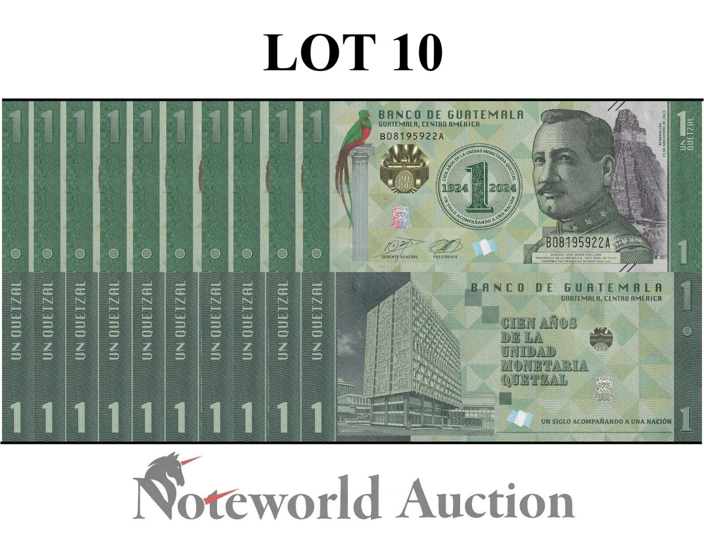 GUATEMALA COMM. Lot 10 pcs 1/10 Bundle - 1 Quetzal 2023 2024 P 129 New UNC