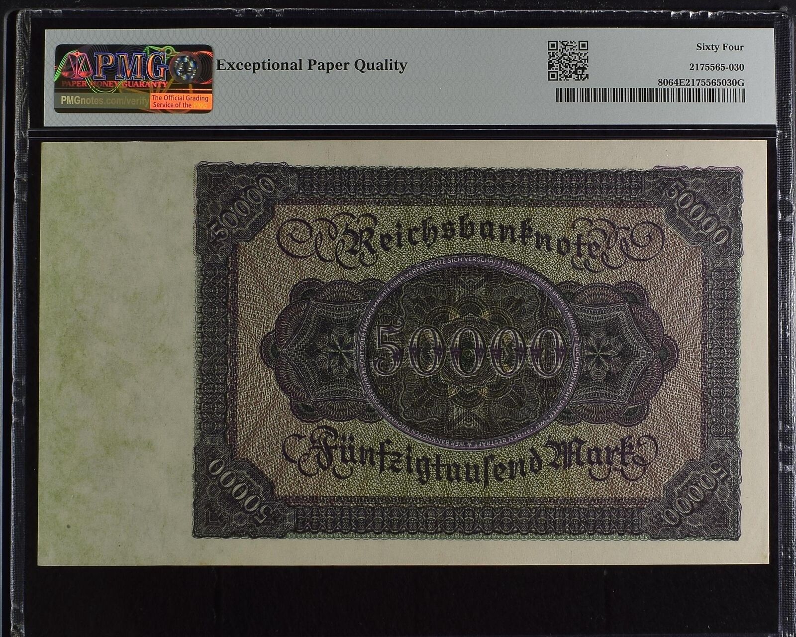 GERMANY REPUBLIC TREASURY 50000 Mark 1922 P 80 UNC PMG 64 EPQ