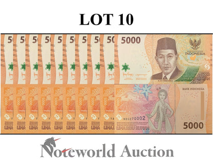 INDONESIA Lot 10 pcs 1/10 Bundle - 5000 Rupiah 2022/2023 P 164 UNC