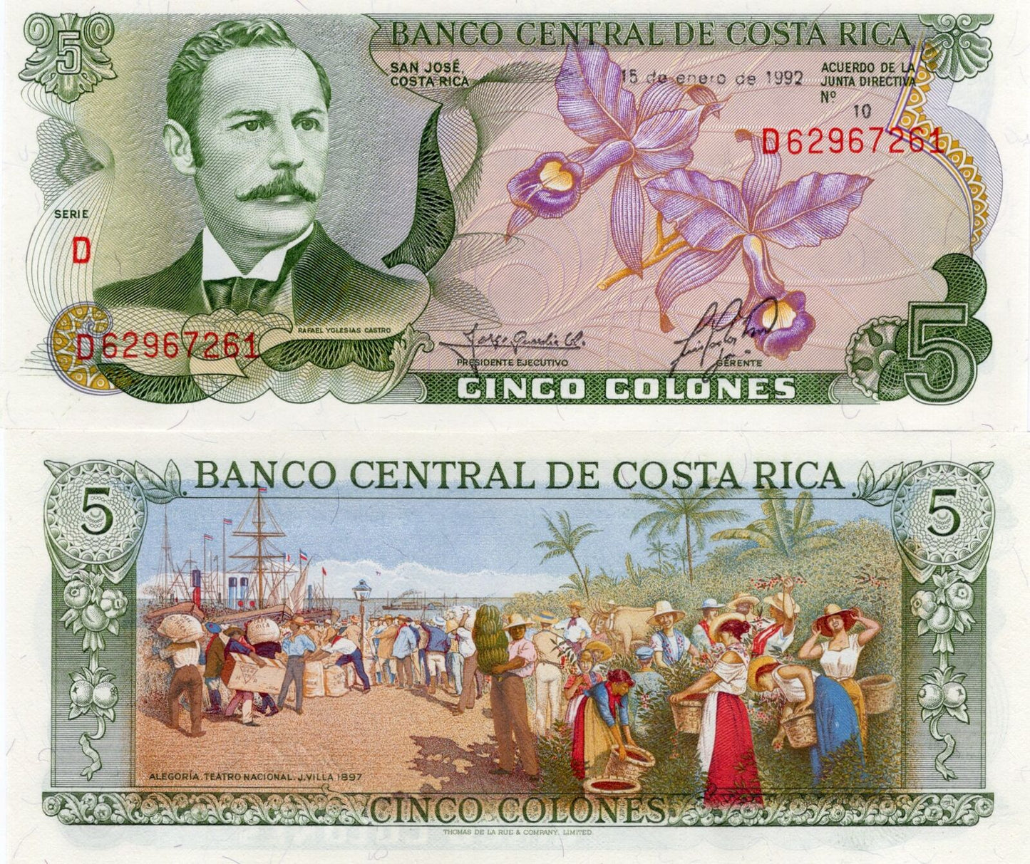 COSTA RICA Lot 10 pcs 1/10 Bundle - 5 Colones 1992 P 236e UNC