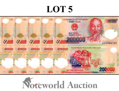 VIET NAM VIETNAM Lot 5 pcs 1/20 Bundle - 200000 Dong 2021 P 123 Polymer UNC