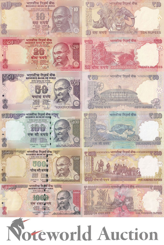 INDIA Set 6 pcs - 10-1000 Rupees 2012-2014 P 102e 103e 104 105 106 107j UNC