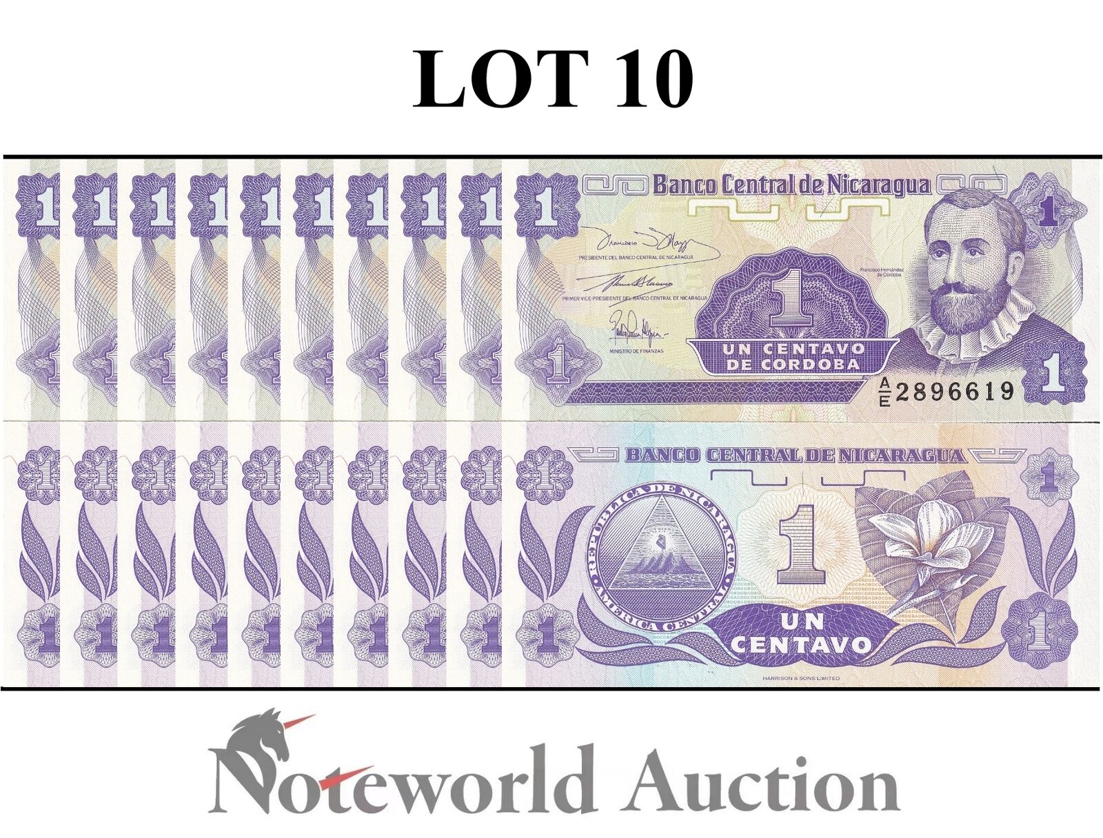 NICARAGUA Lot 10 pcs 1/10 Bundle - 1 Centavo ND 1991 P 167 UNC