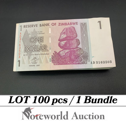 ZIMBABWE Lot 100 pcs Bundle - 1 Dollar 2007 P 65 UNC