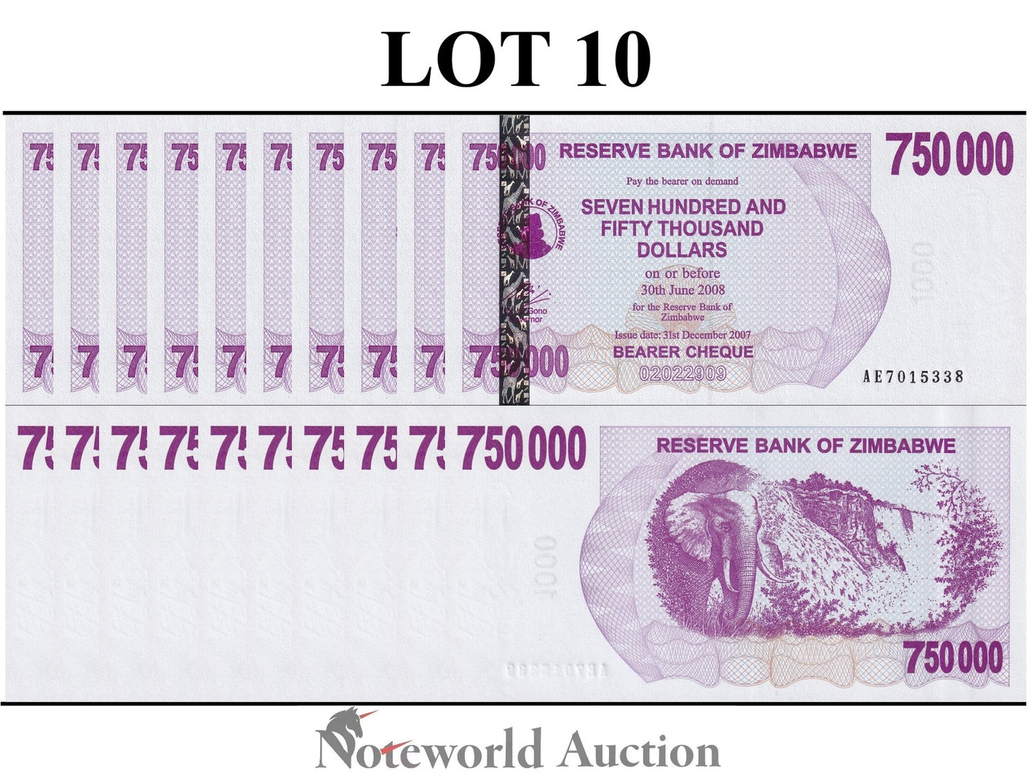 ZIMBABWE 750000 Dollars 2007 P 52 Lot 10 pcs 1/10 Bundle UNC