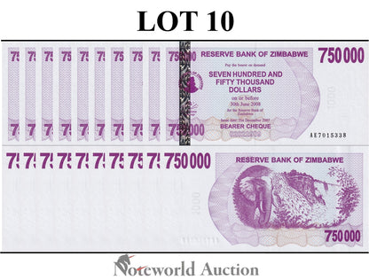 ZIMBABWE 750000 Dollars 2007 P 52 Lot 10 pcs 1/10 Bundle UNC