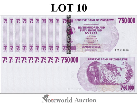 ZIMBABWE 750000 Dollars 2007 P 52 Lot 10 pcs 1/10 Bundle UNC