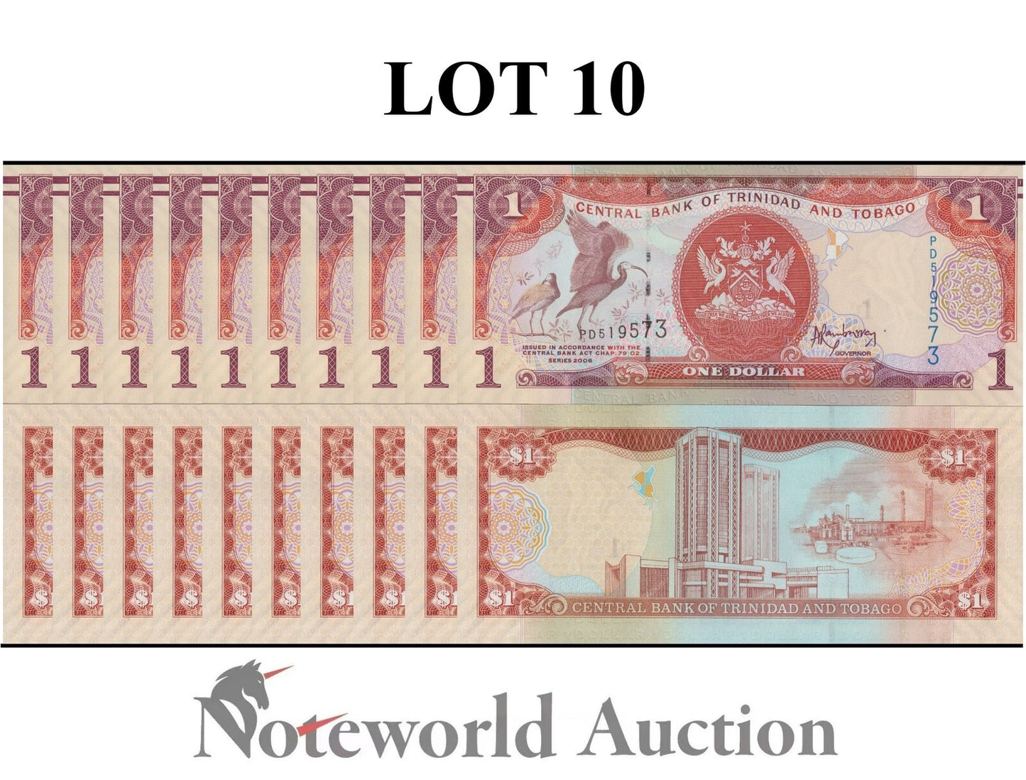 TRINIDAD & TOBAGO Lot 10 pcs 1/10 Bundle - 1 Dollar 2006 P 46A UNC