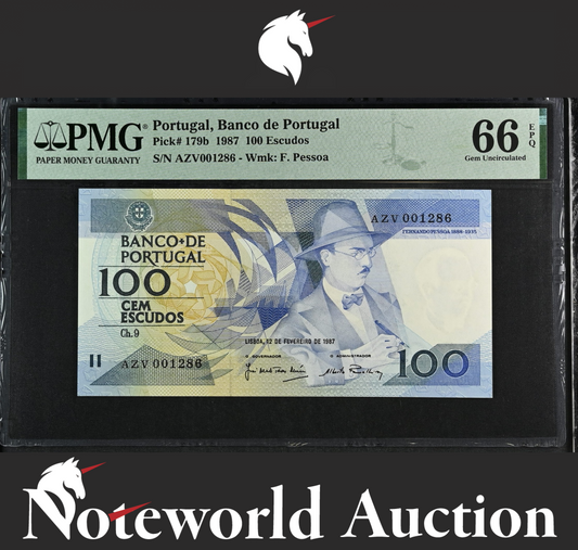 Portugal  100 Escudos 1987 P 179b LOW S/N 001286 UNC PMG 66 EPQ 2nd TOP POP