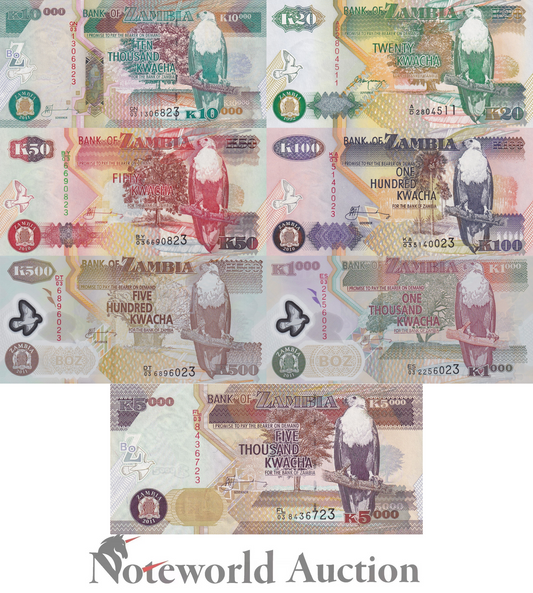 ZAMBIA Set 7 pcs - 20 50 100 500-10000 Kwacha 1992-2011 P 36 37 38 43-46 UNC