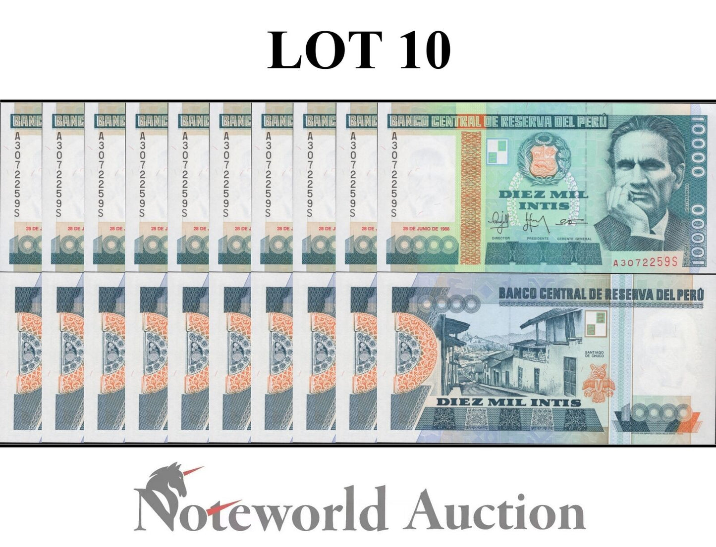 PERU Lot 10 pcs 1/10 Bundle - 1000 Intis 1988 P 140 UNC