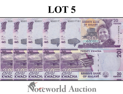 MALAWI 20 Kwacha 2016 P 63c Lot 5 pcs 1/20 Bundle UNC