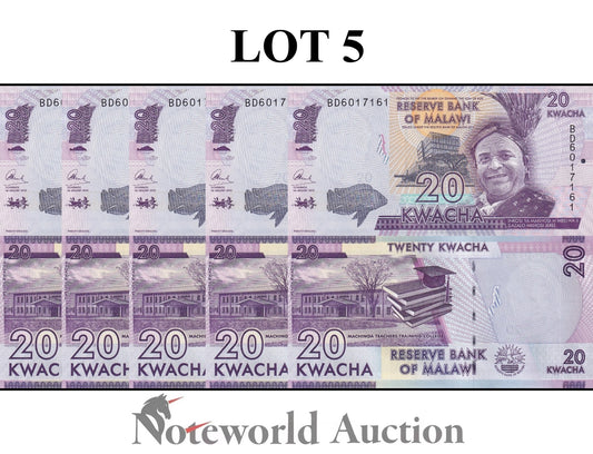 MALAWI 20 Kwacha 2016 P 63c Lot 5 pcs 1/20 Bundle UNC