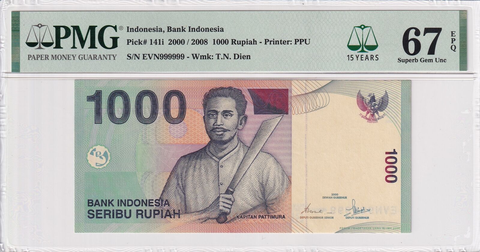 INDONESIA 1000 2000/2008 P 141i Fancy SOLID 9 - 999999 UNC PMG 67 EPQ