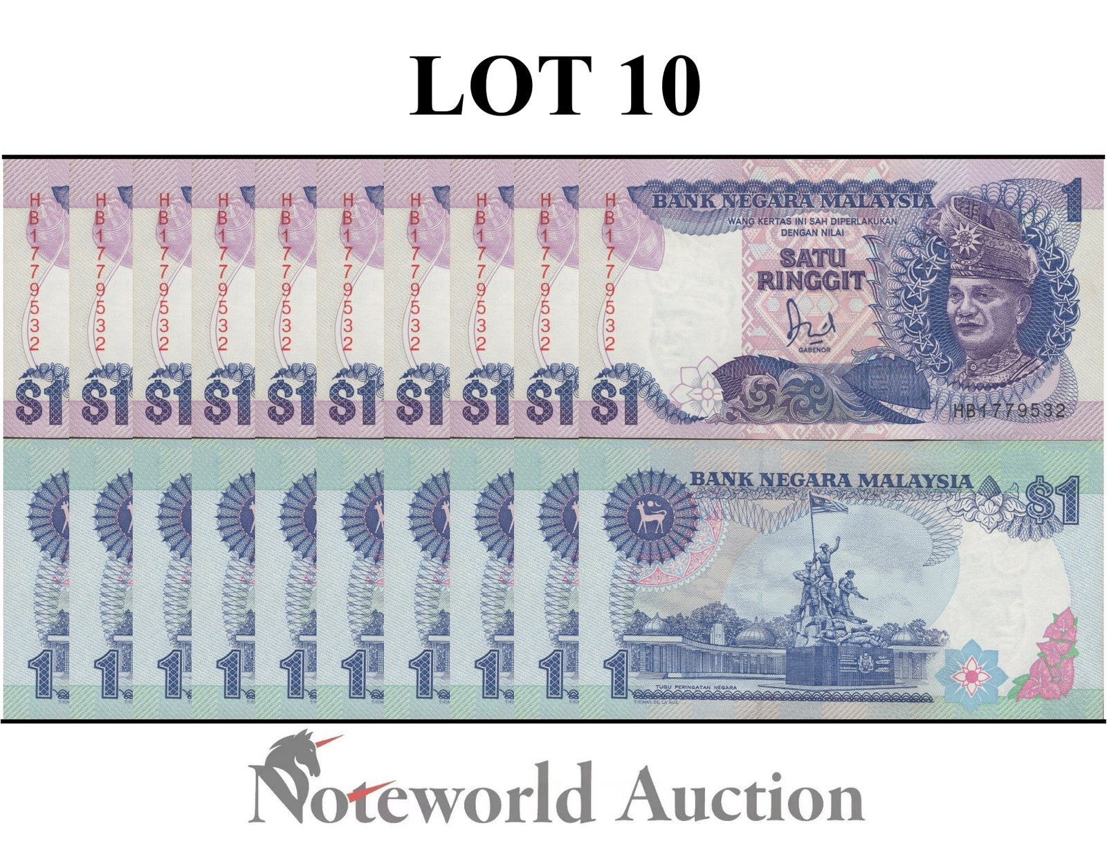 MALAYSIA 1 Ringgit ND 1986 & 1989 P 27 MINOR FOXING  Lot 10 pcs 1/10 Bundle UNC