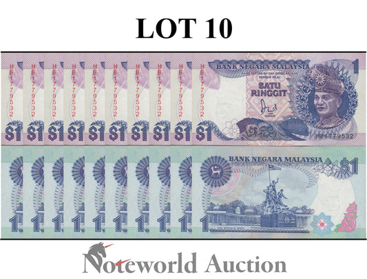 MALAYSIA 1 Ringgit ND 1986 & 1989 P 27 MINOR FOXING  Lot 10 pcs 1/10 Bundle UNC