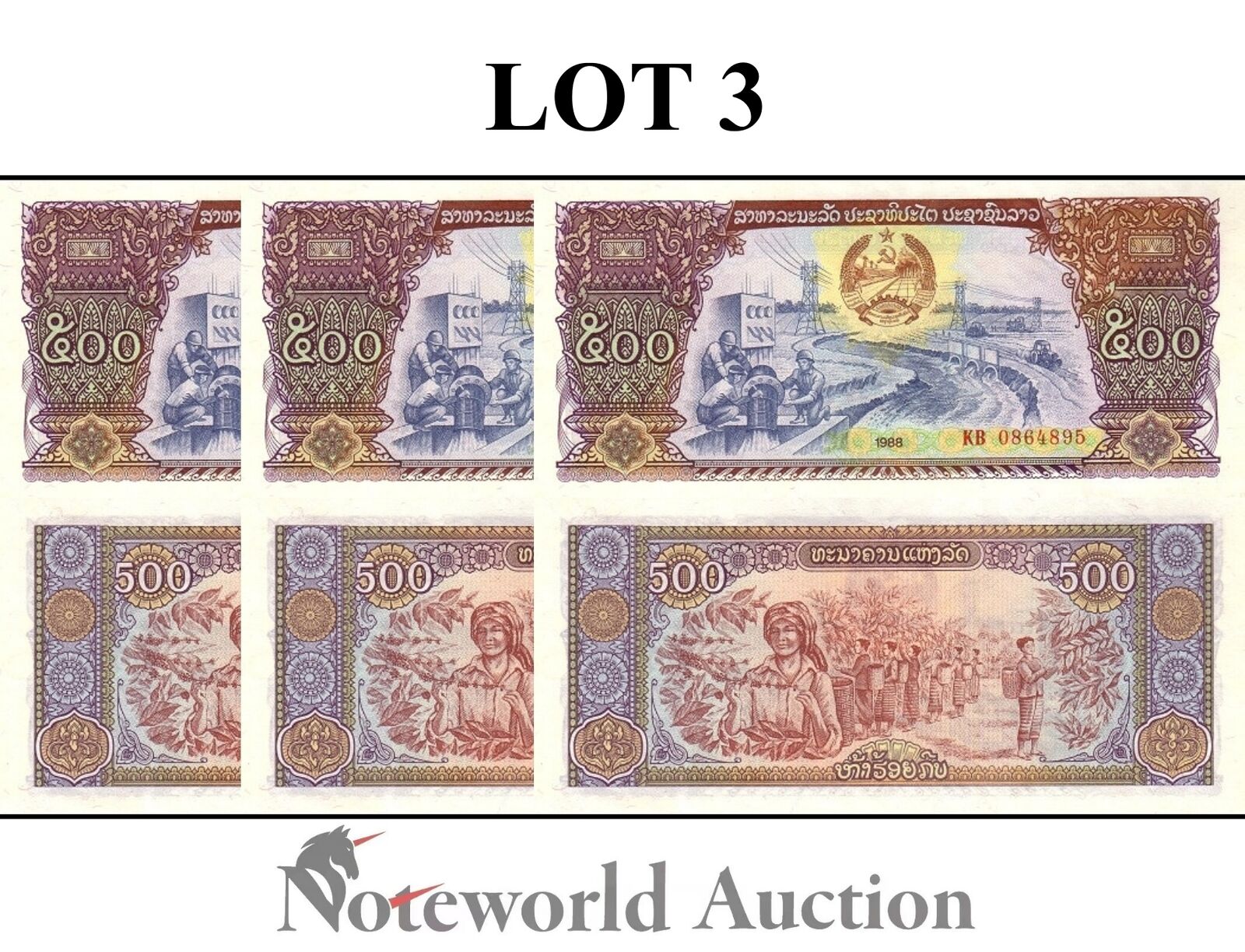 LAOS Lot 3 pcs - 500 Kip 1988 P 31 UNC