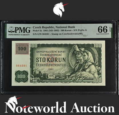 Czech Republic 100 1961 (ND 1993) P 1k Stamp on P 91 UNC PMG 66 EPQ 3rd TOP POP