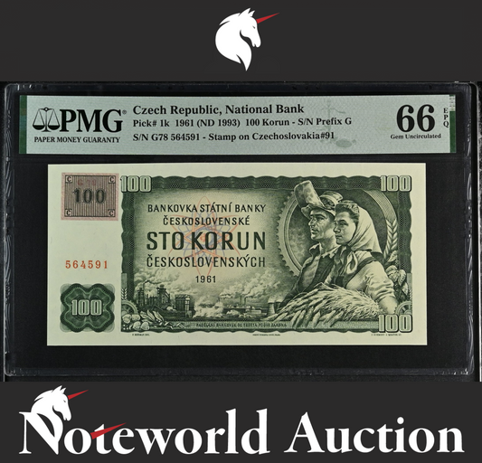 Czech Republic 100 1961 (ND 1993) P 1k Stamp on P 91 UNC PMG 66 EPQ 3rd TOP POP