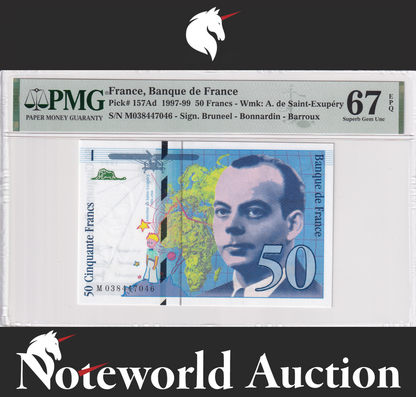 France 50 Francs 1997 P 157Ad UNC PMG 67 EPQ Saint Exupéry