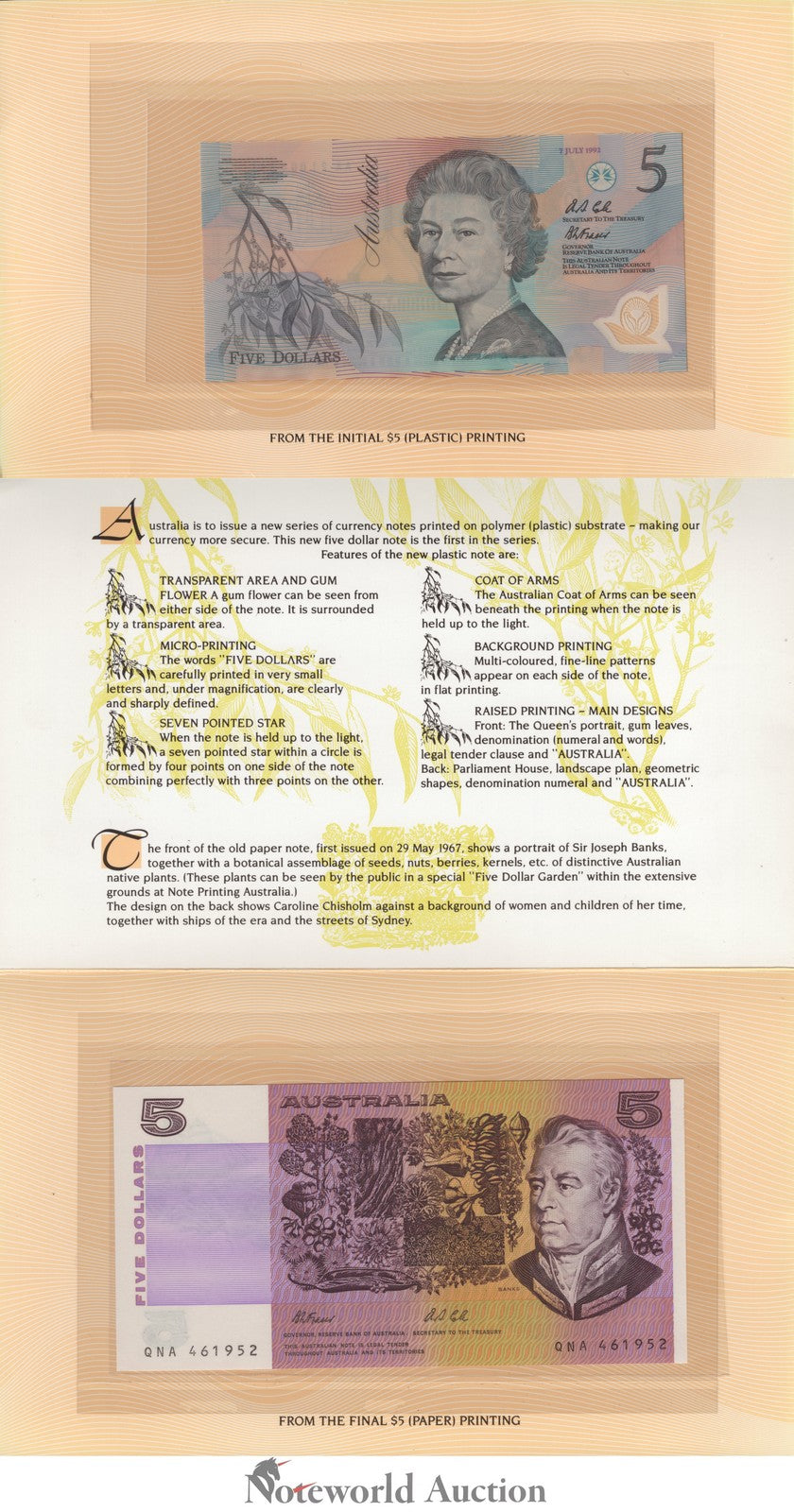 AUSTRALIA 5 Dollars 199 1992 P 44g 50b Paper Polymer With Folder Set 2 pcs UNC