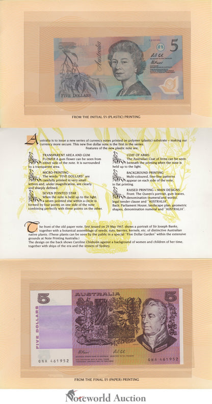 AUSTRALIA 5 Dollars 199 1992 P 44g 50b Paper Polymer With Folder Set 2 pcs UNC