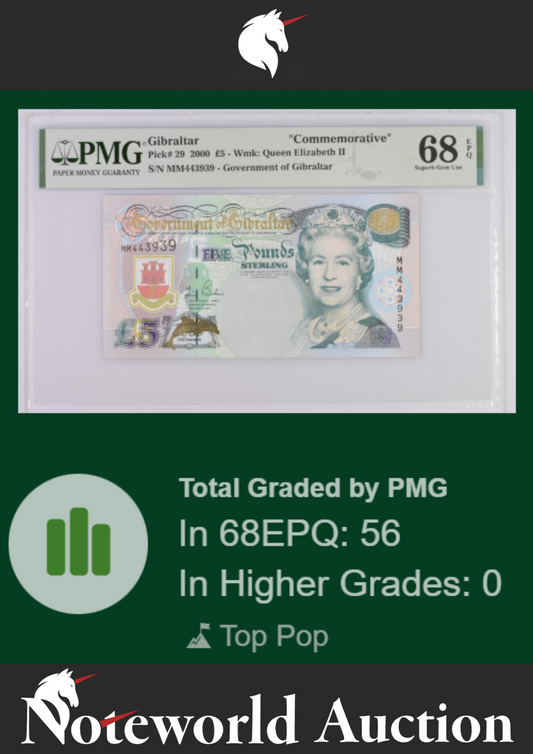 Gibraltar Commemorative 5 Pounds 2000 P 29 Prefix MM UNC PMG 68 EPQ TOP POP