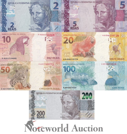 BRAZIL Set 7p - 2 5 10-50 100 200 Reais 2010 P 252f 253f 254c 255a 256b 258 UNC