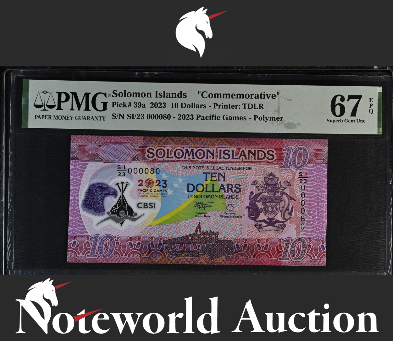 Solomon Islands COMM. 10 Dollars 2023 P 39a Polymer LOW S/N 80 UNC PMG 67 EPQ