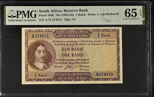 SOUTH AFRICA 1 Rand 1962-65 P 103b UNC PMG 65 EPQ