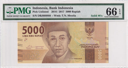 INDONESIA 5000 Rupiah 2016/2017 P 156b Fancy SOLID 8 - DBJ 888888 UNC PMG 66 EPQ